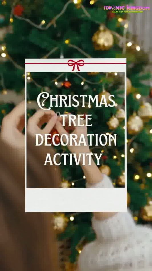 Person decorating a Christmas tree with ornaments, framed by a white border with text.