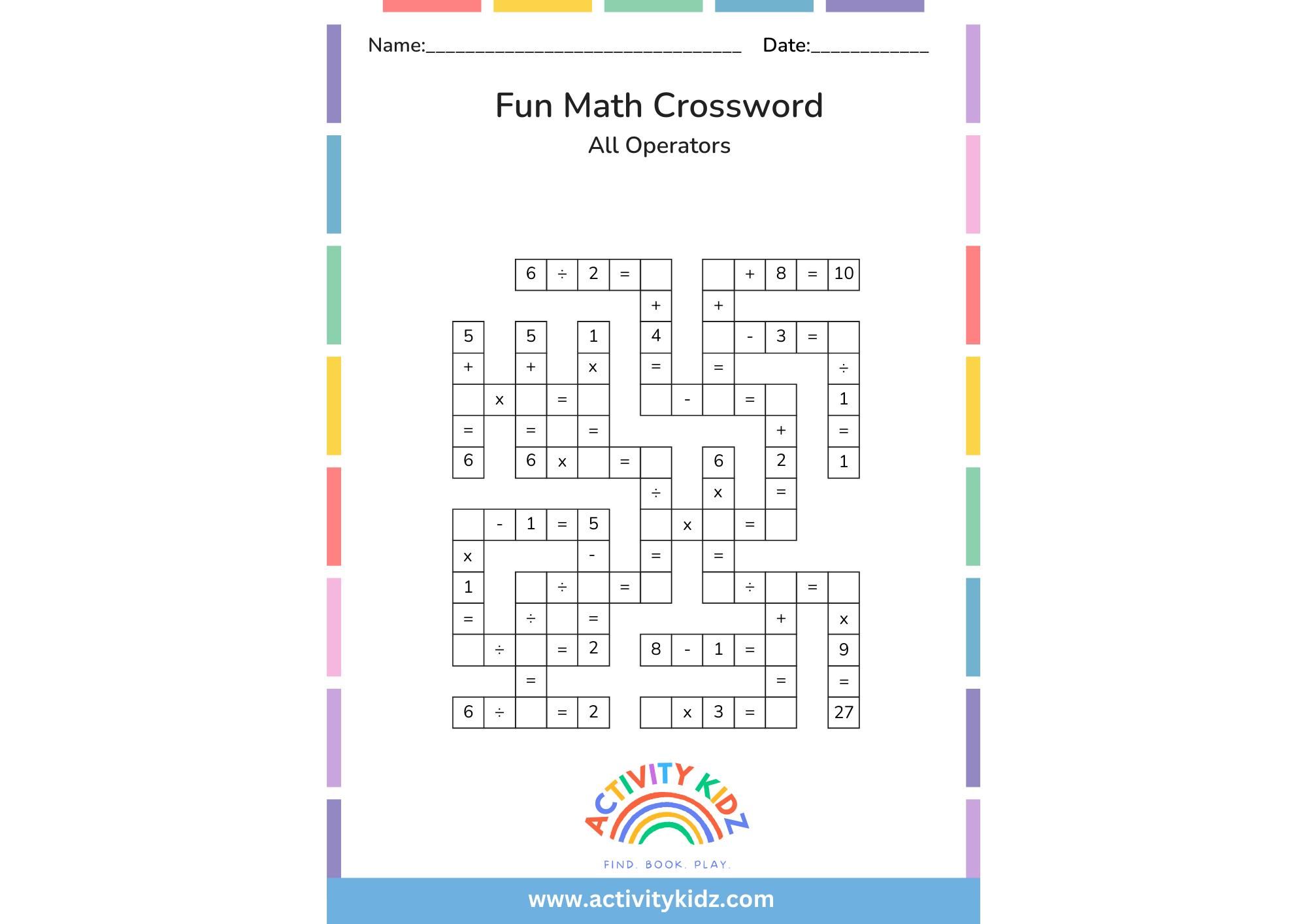 Fun Math Crossword All Operators