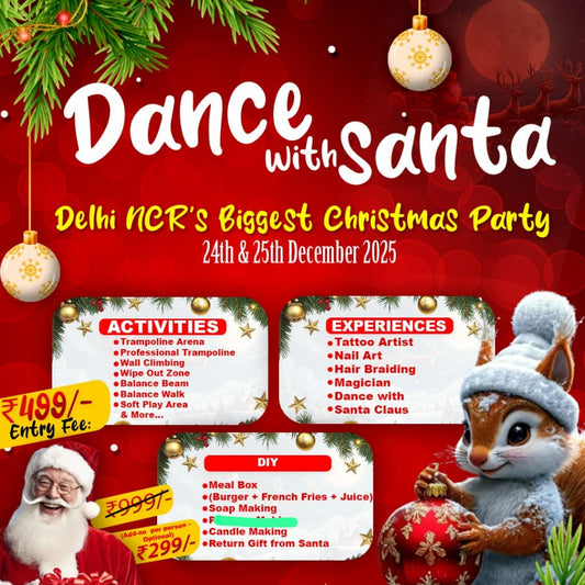 Promotional poster for 'Dance with Santa' Christmas party in Delhi NCR with Santa Claus and a squirrel character.