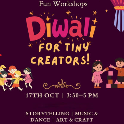 Promotional poster for Diwali workshops for children with colorful text and illustrations on a dark purple background.