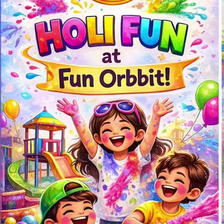 Promotional poster for Holi Fun at Fun Orabbit event with children playing and colorful text.