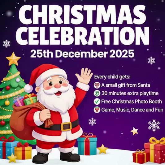 Promotional poster for a Christmas celebration event featuring Santa Claus on a purple background with festive elements.