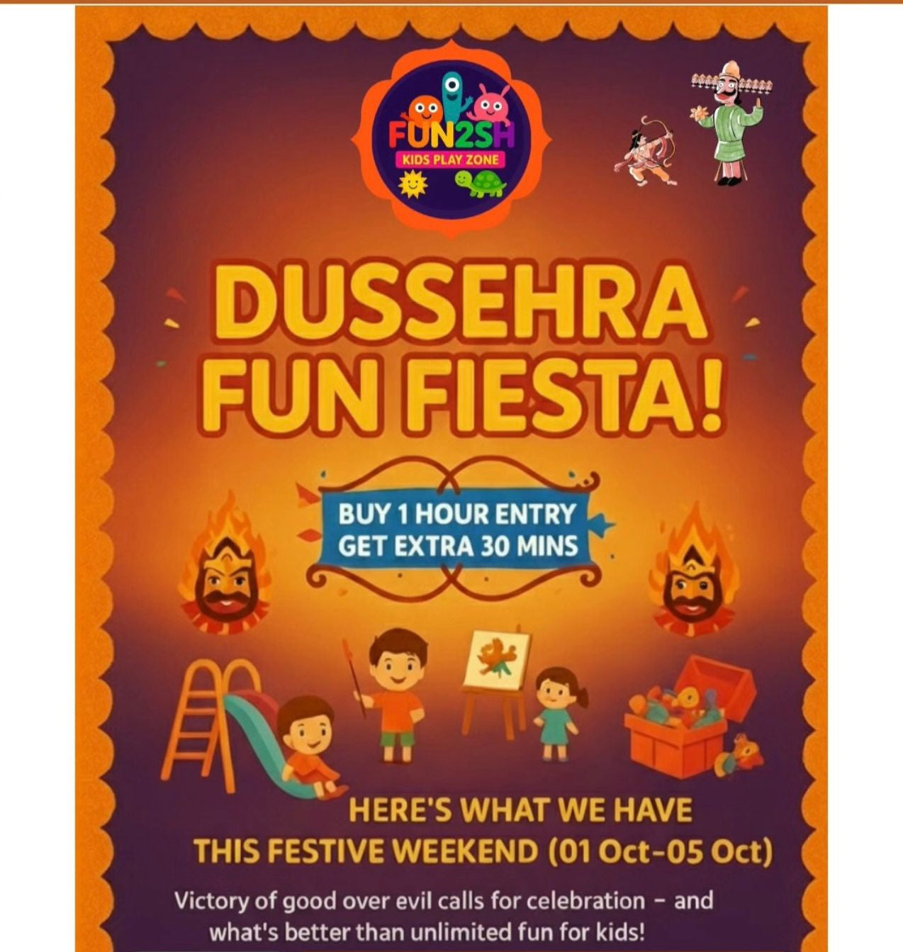 Promotional poster for Dussehra Fun Fiesta event with colorful design and text.