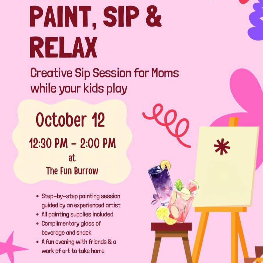 Promotional flyer for 'Paint, Sip & Relax' event with art supplies and a pink background.