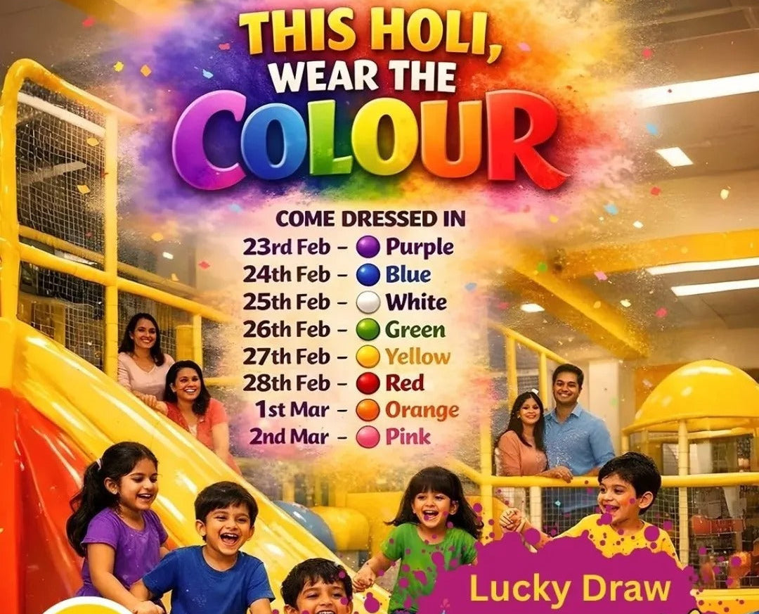 Promotional poster for a Holi celebration with children and colorful text.