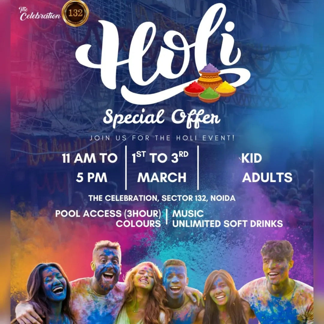 Promotional flyer for Holi event with colorful design and text details.