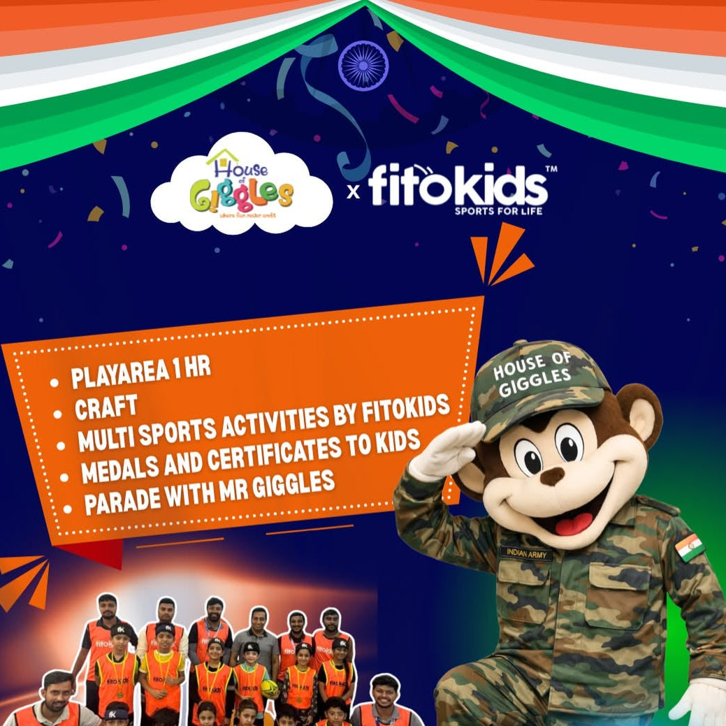 Promotional poster for a children's event featuring Fitokids and House of Giggles with a cartoon monkey character and text about activities.