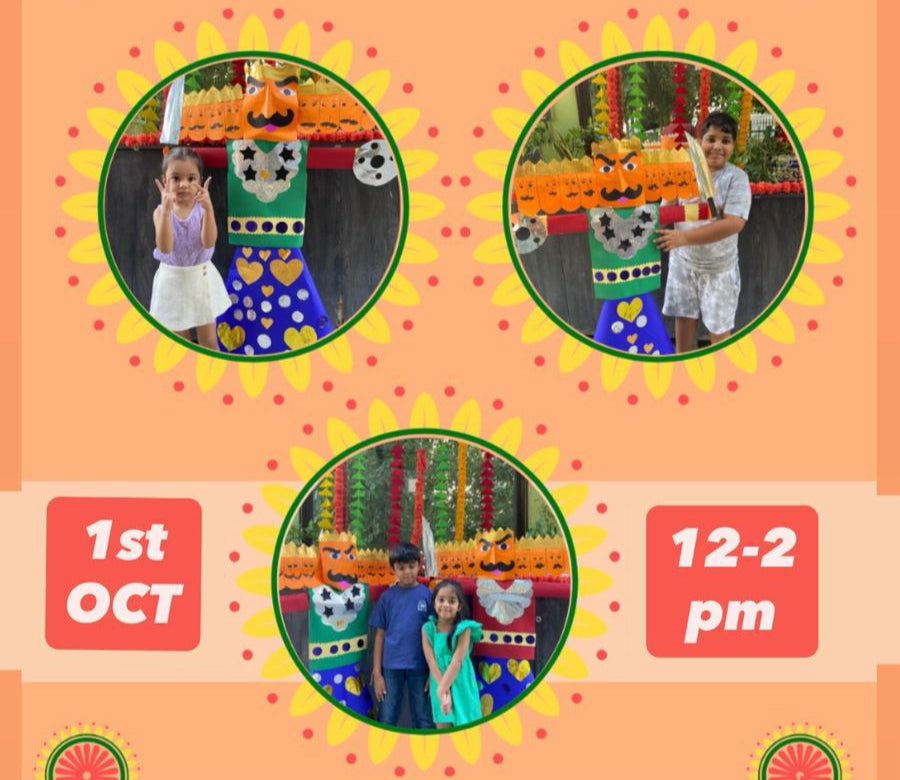 Promotional poster for a Dussehra Workshop with event details on an orange background.