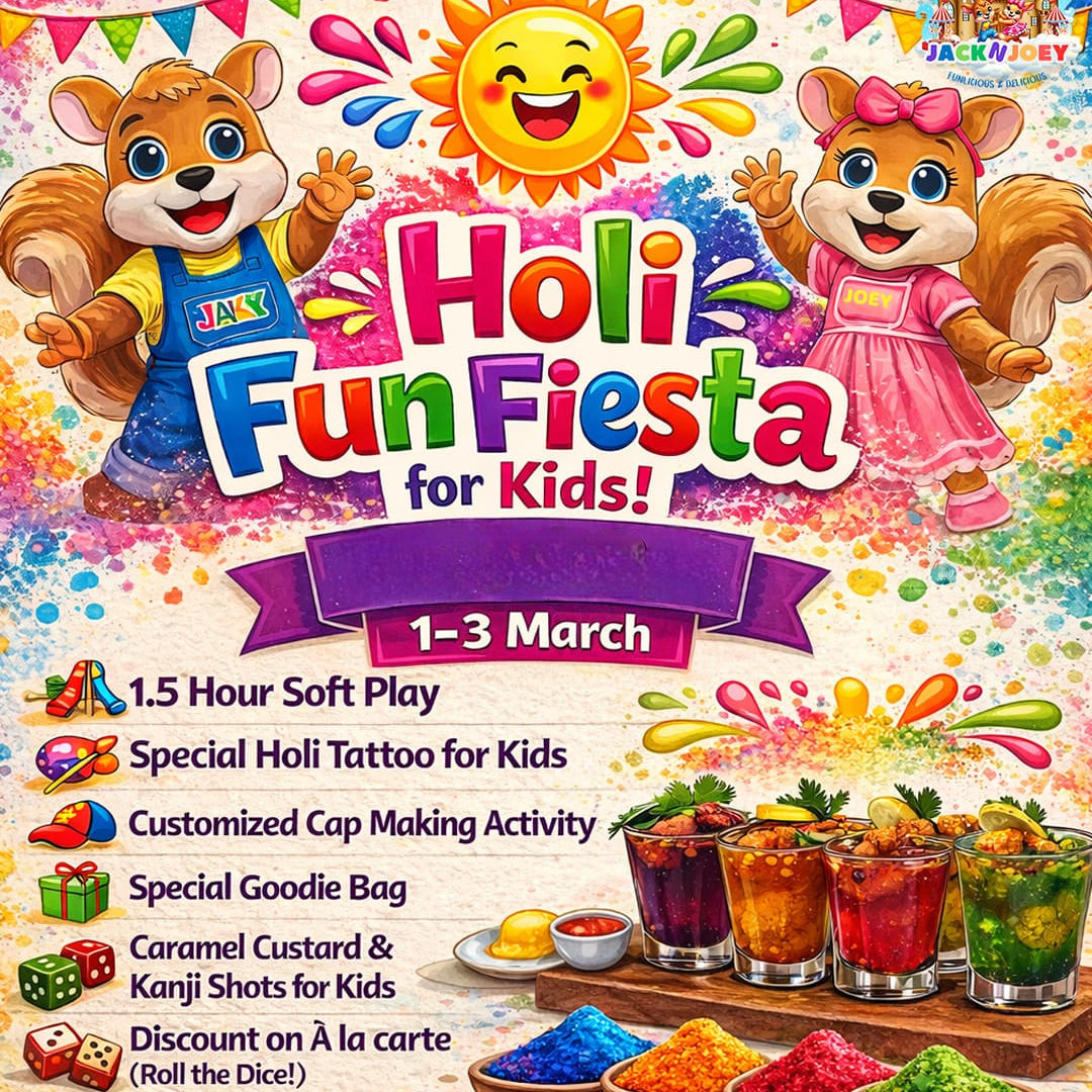 Promotional poster for Holi Fun Fiesta for Kids event with cartoon characters and colorful design.