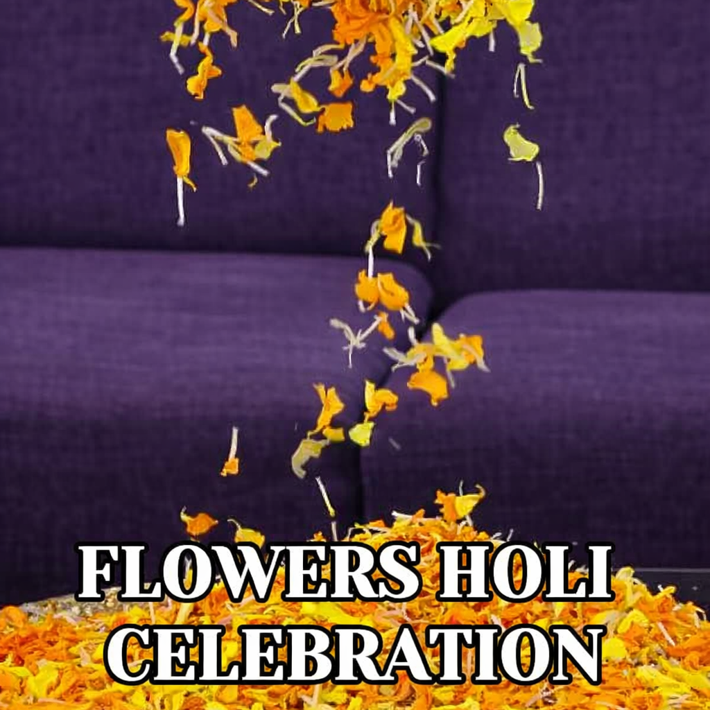 Hand pouring yellow flowers onto a purple surface with text overlay for Holi celebration.