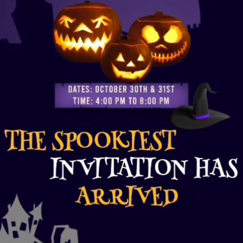 Halloween-themed event flyer with pumpkins, bats, and a dark background.