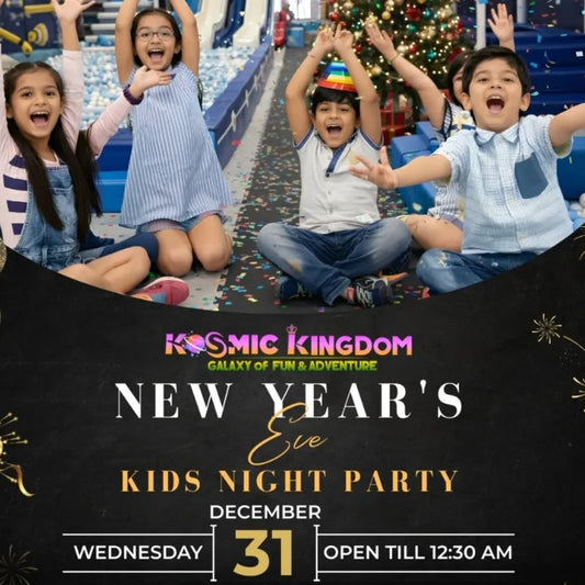 Promotional poster for a New Year's Eve Kids Night Party at Kosmic Kingdom with children in the background.