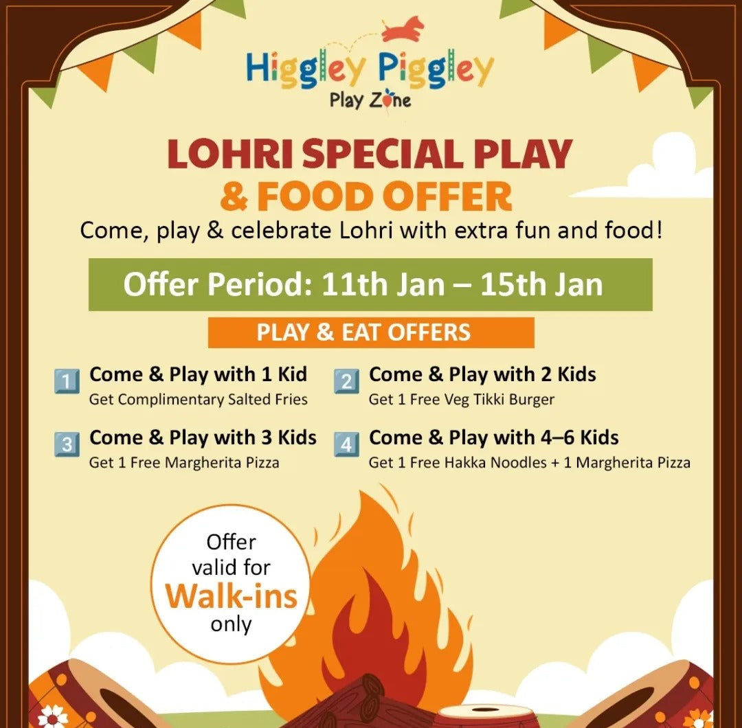 Promotional flyer for Higgley Piggley Play Zone's Lohri special play and food offer.