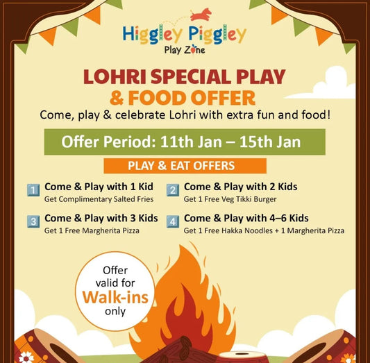 Promotional flyer for Higgley Piggley Play Zone's Lohri special play and food offer.
