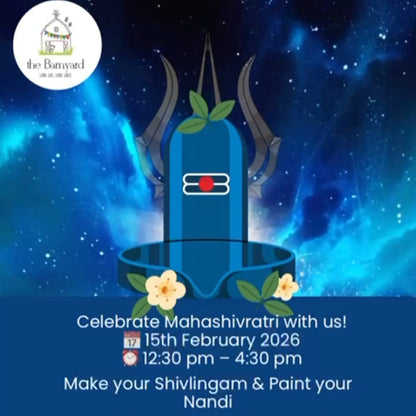 Promotional flyer for Mahashivratri event with a blue Shivlingam and Nandi on a starry night background.