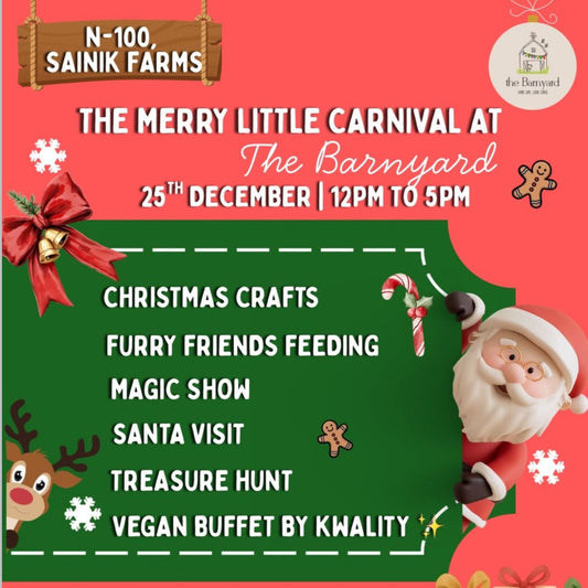 Promotional poster for 'The Merry Little Carnival at The Barnyard' with Santa Claus and reindeer on a red and green background.