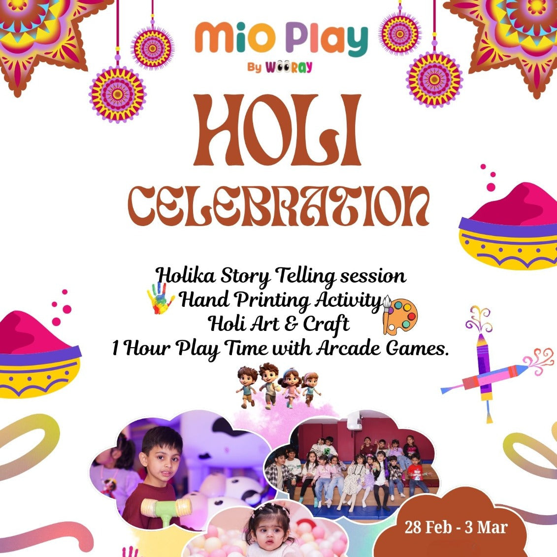 Advertisement for Holi celebration event with colorful design and text.