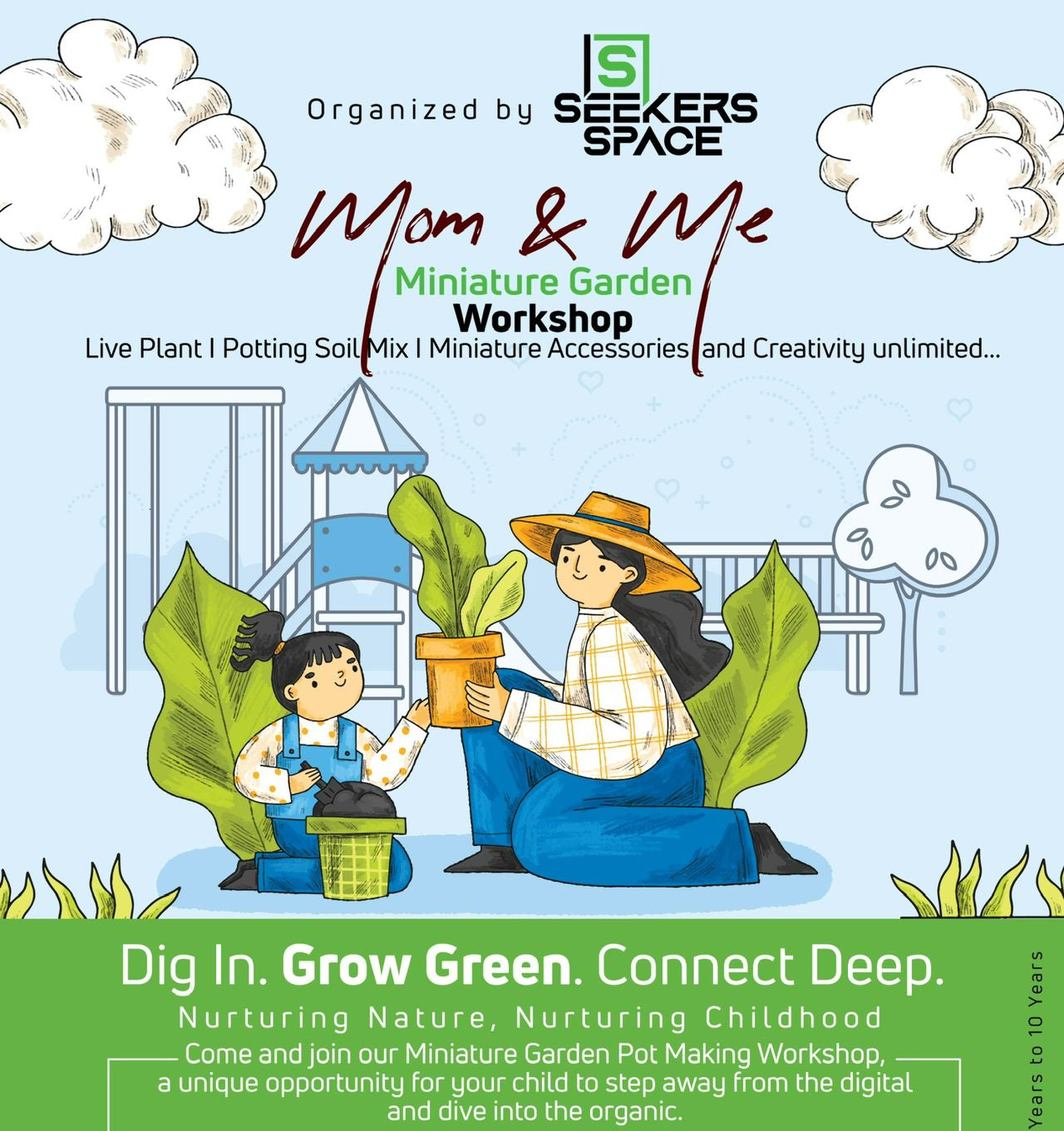 Advertisement for a 'Mom & Me Miniature Garden Workshop' organized by Seekers Space, featuring illustrations of a woman and child gardening.