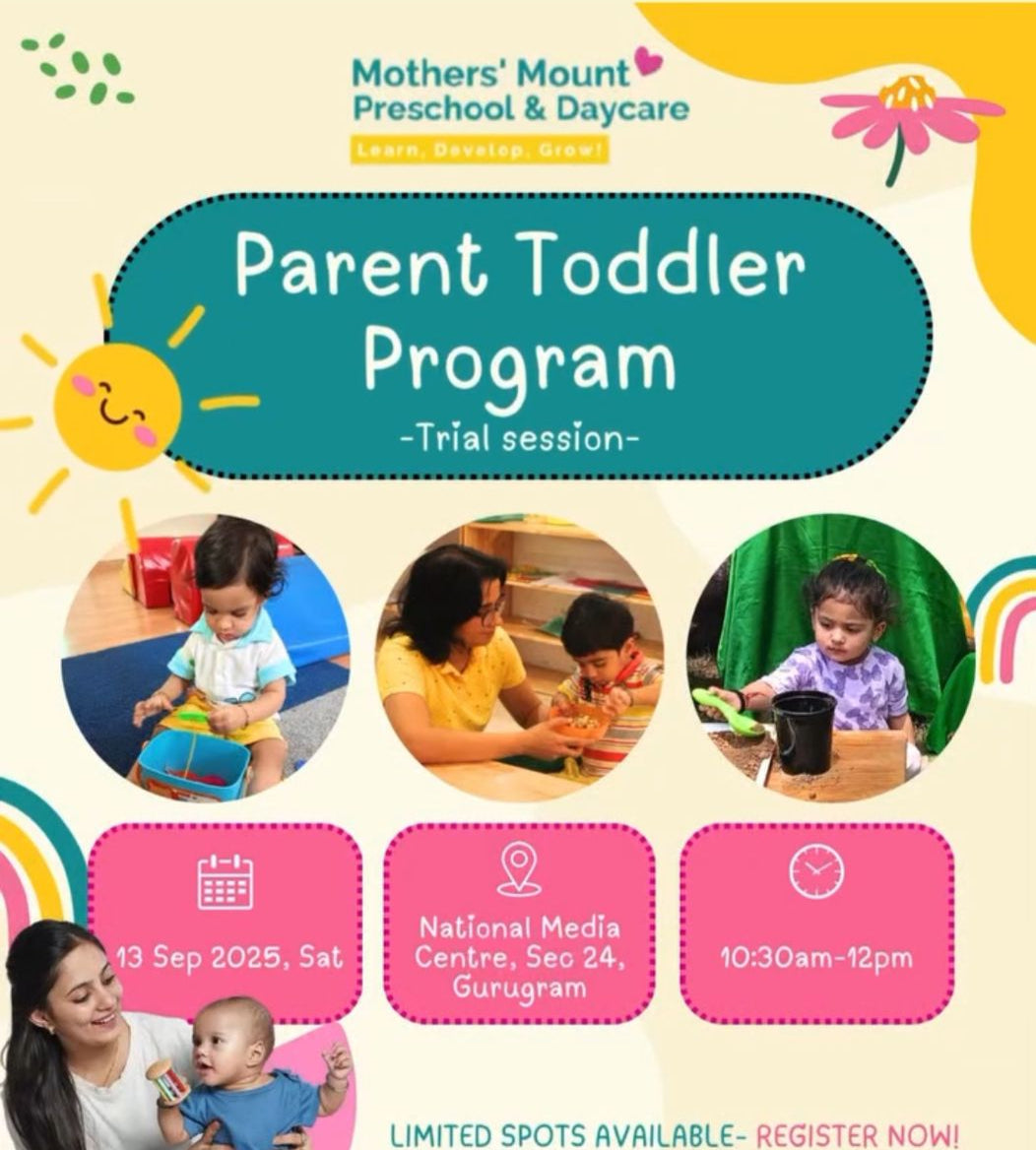 Promotional flyer for Mother's Mount Preschool & Daycare Parent Toddler Program with images of children and parents.