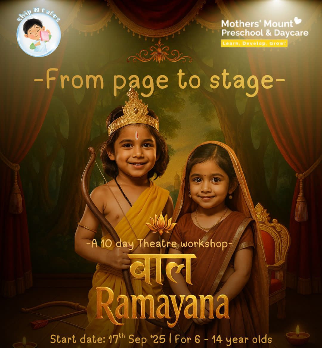 Advertisement for a theatre workshop on Ramayana with two children in costumes, set against a stage backdrop.