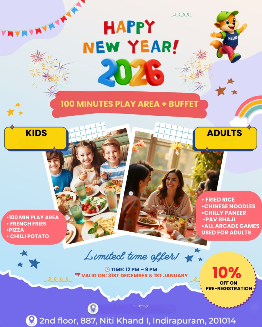 Promotional flyer for a New Year's event with play area and buffet for kids and adults, featuring colorful text and images.
