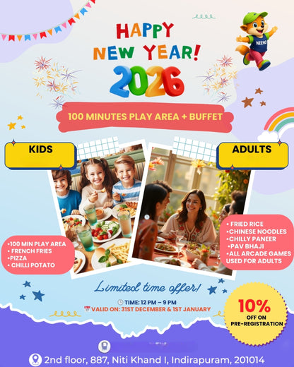 Promotional flyer for a New Year's event with play area and buffet for kids and adults, featuring colorful text and images.