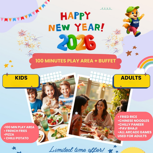 Promotional flyer for a New Year's event with children and adults, food options, and arcade games.