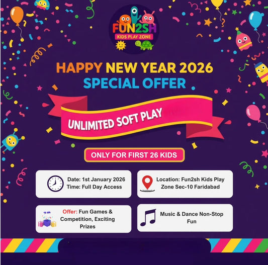 Promotional poster for Fun2sh Kids Play Zone with New Year 2026 special offer details.
