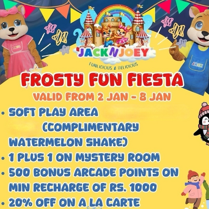 Promotional flyer for 'Jack & Joey' event with cartoon characters and colorful text.