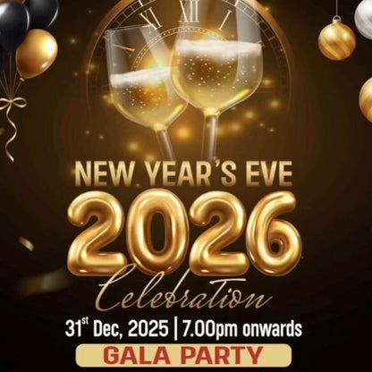 Promotional poster for New Year's Eve 2026 celebration with champagne glasses, balloons, and event details.