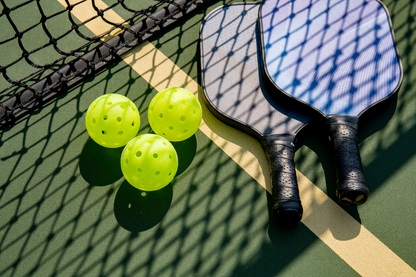 Two pickleball paddles and three bright yellow pickleballs rest on a green court near a net.