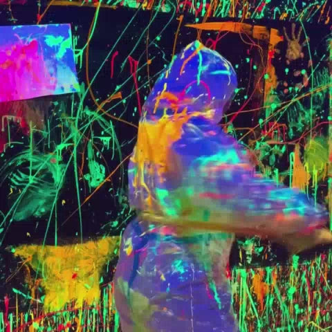 In a vibrant, paint-splattered room, people of various ages engage in a chaotic and colorful art experience. They wear protective suits as they splash paint, creating abstract masterpieces on walls and canvases. The atmosphere is energetic and playful, with neon lights illuminating the scene and dripping paint adding to the artistic chaos.