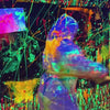 In a vibrant, paint-splattered room, people of various ages engage in a chaotic and colorful art experience. They wear protective suits as they splash paint, creating abstract masterpieces on walls and canvases. The atmosphere is energetic and playful, with neon lights illuminating the scene and dripping paint adding to the artistic chaos.
