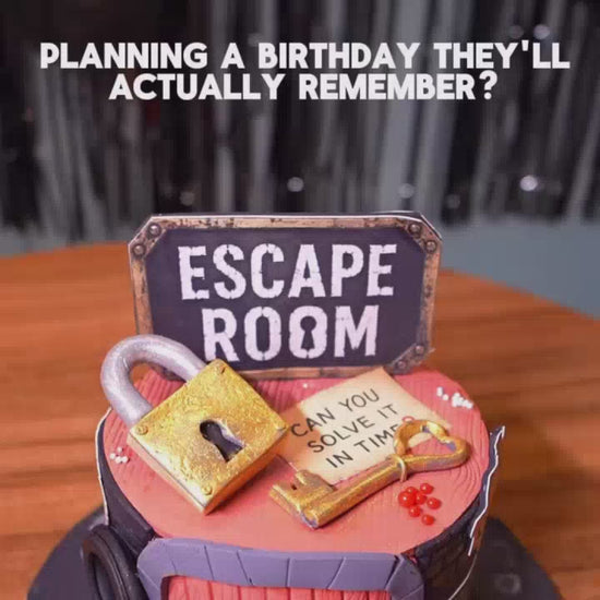 Children of various ages participate in an escape room adventure, solving puzzles and cracking codes in a dimly lit, themed environment. The atmosphere is exciting and engaging, with elements like locks, keys, and maps adding to the mystery. The experience culminates in a celebratory birthday party with cake and photos, highlighting the fun and memorable aspects of the event.