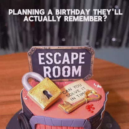Children of various ages participate in an escape room adventure, solving puzzles and cracking codes in a dimly lit, themed environment. The atmosphere is exciting and engaging, with elements like locks, keys, and maps adding to the mystery. The experience culminates in a celebratory birthday party with cake and photos, highlighting the fun and memorable aspects of the event.