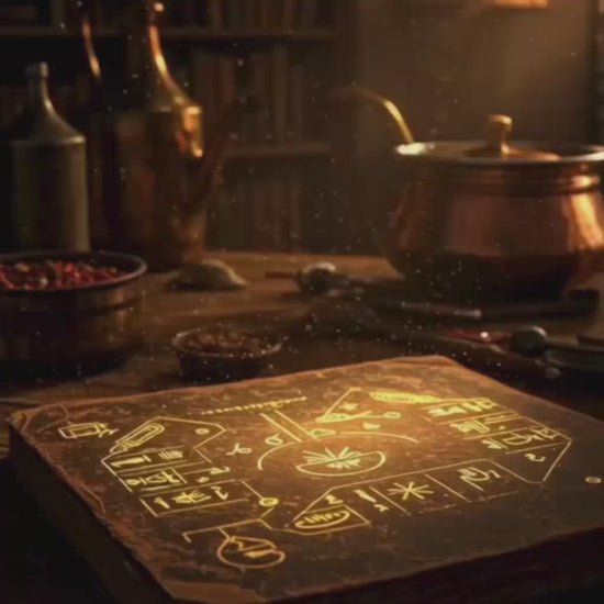 A group of people are in a dimly lit, ancient-looking room, deciphering clues from a glowing, mystical book. The atmosphere is mysterious and suspenseful as they search for a legendary biryani recipe. The scene transitions to a high-security bank vault, hinting at a thrilling heist.