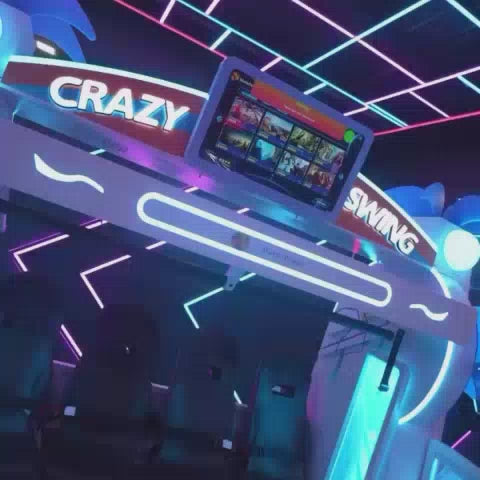 A group of young adults experiences a thrilling VR adventure at Pixyland, a neon-lit arcade. They are seated in futuristic motion simulators, wearing VR headsets, ready for an immersive "Crazy Swing" or "VR Skydive" experience. The vibrant atmosphere is amplified by glowing lights and exciting arcade games.