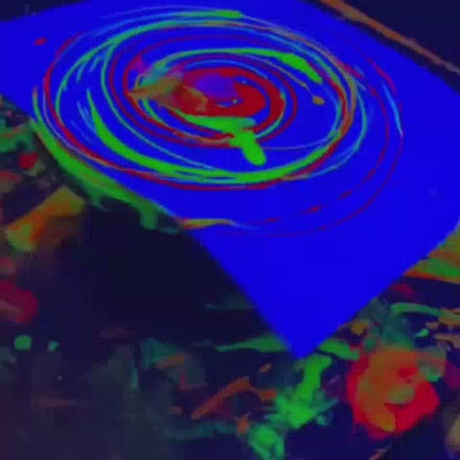 Under blacklights, children in paint-splattered suits create vibrant neon art, splattering paint and leaving handprints on a dark canvas. The atmosphere is playful and energetic, with glowing colors illuminating the scene.