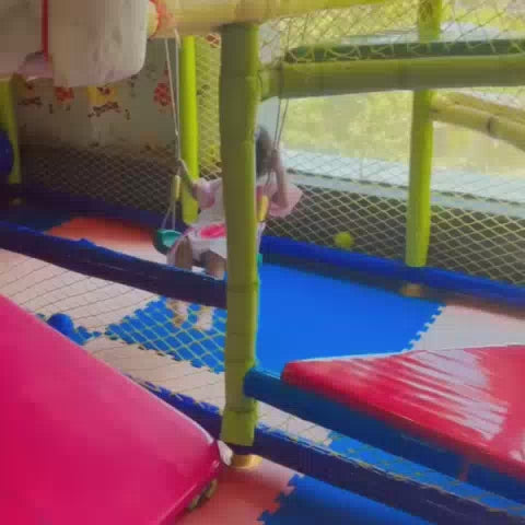 Kids enjoying indoor play area with ball pool slides, trampoline projector ball game, pretend play zone and Velcro wall, designed for fun, safe and active play.