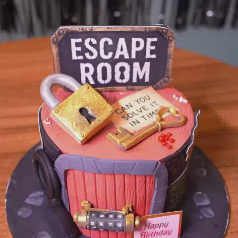 A group of children celebrates a birthday at an escape room, surrounded by themed decorations and arcade games. The atmosphere is lively and fun as they engage in various activities, including playing games and enjoying cake.