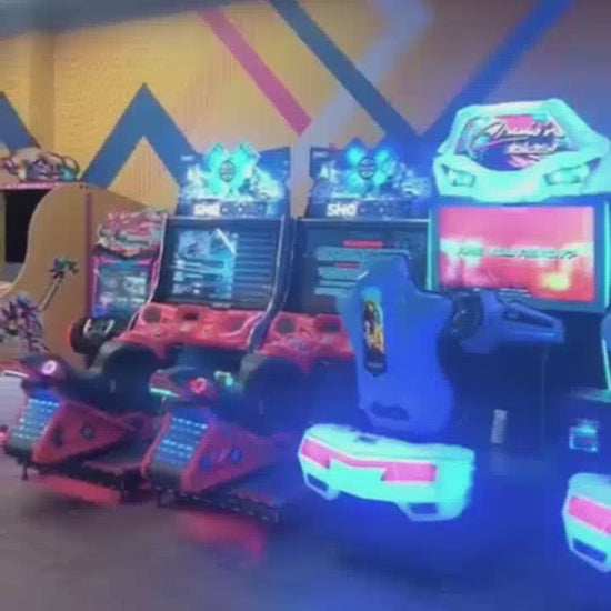 A young girl enjoys various arcade games, including air hockey and a shooting game, in a vibrant, colorful arcade. She also plays in a ball pit and on a VR simulator, showcasing a fun-filled day at an amusement center.