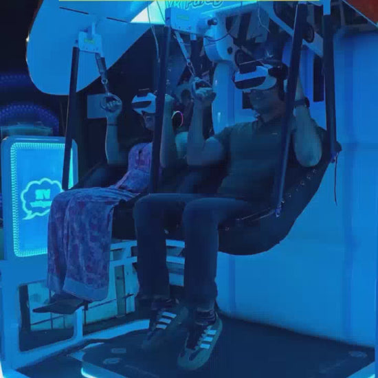 A group of young adults enjoys a vibrant arcade, engaging in various games like VR paragliding, air hockey, and bowling. The setting is a lively entertainment center with neon lights, colorful decorations, and a variety of arcade machines. The atmosphere is energetic and fun, with people of different ages actively participating in the games.