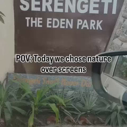 Children enjoy a day at Serengeti Farm, interacting with animals like rabbits and guinea pigs, and playing on a trampoline. The setting is a farm with lush greenery, ponds, and rustic structures, creating a joyful and engaging atmosphere for the young visitors.