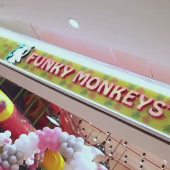 Children of various ages enjoy a vibrant indoor play area with a zip line, ball pit, and slides. A monkey mascot interacts with kids, while face painting adds to the festive atmosphere. The colorful environment and engaging activities create a joyful experience for young visitors.