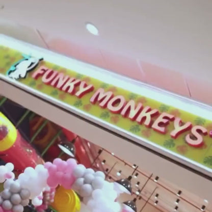 Children of various ages enjoy a vibrant indoor play area with a zip line, ball pit, and slides. A monkey mascot interacts with kids, while face painting adds to the festive atmosphere. The colorful environment and engaging activities create a joyful experience for young visitors.