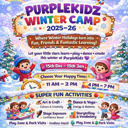 Advertisement for PurpleKidz Winter Camp 2025-26 with children playing in a snowy scene.