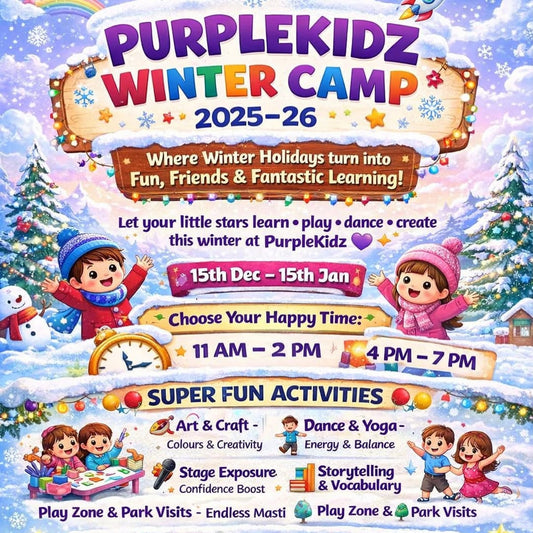 Advertisement for PurpleKidz Winter Camp 2025-26 with children playing in a snowy scene.
