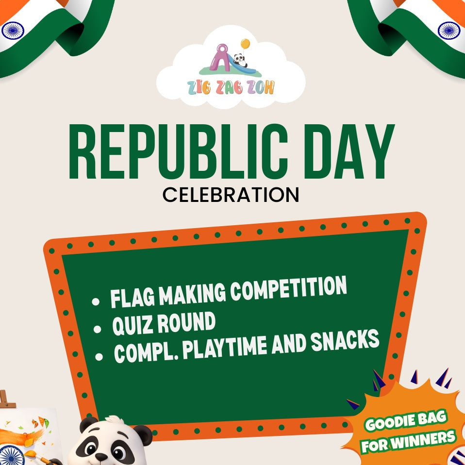 Promotional poster for a Republic Day celebration event with a panda character and Indian flag elements.
