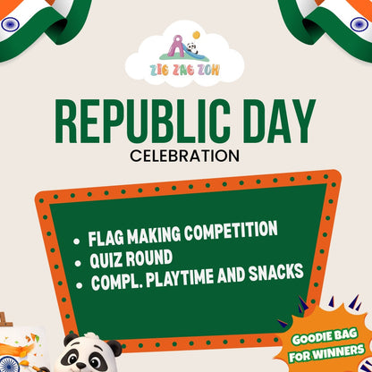 Promotional poster for a Republic Day celebration event with a panda character and Indian flag elements.