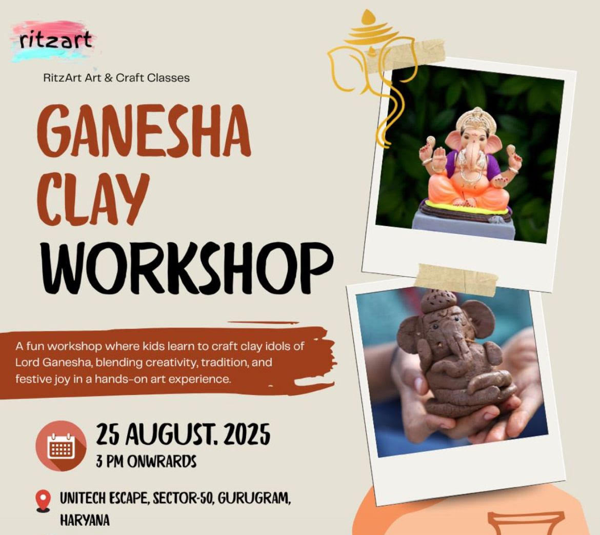 Advertisement for Ganesha Clay Workshop with images of clay idols and event details.